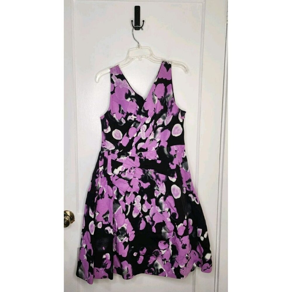 Adrianna Papell Size 14 Black Lavender Fit & Flare V-Neck Dress Cotton Rayon